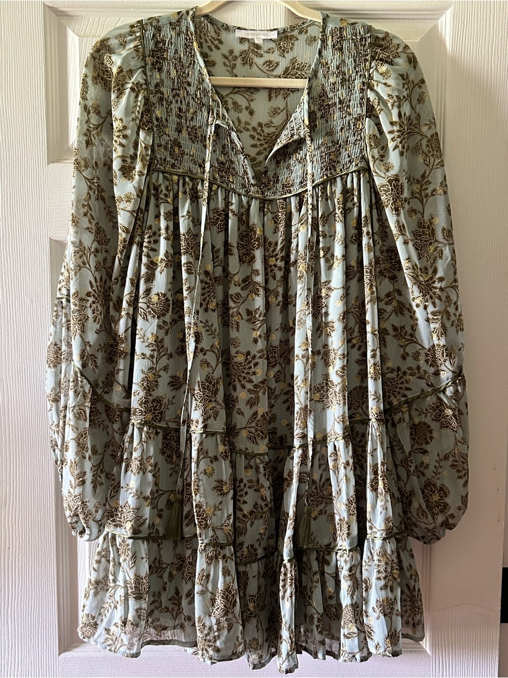 Olivaceous Sage Green Dress with Gold Floral Detail - Picture 2 of 5